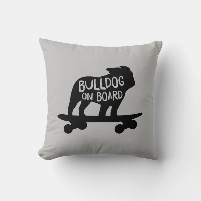 Bulldog on Board | Skateboarding Dog Silhouette Throw Pillow (Front)