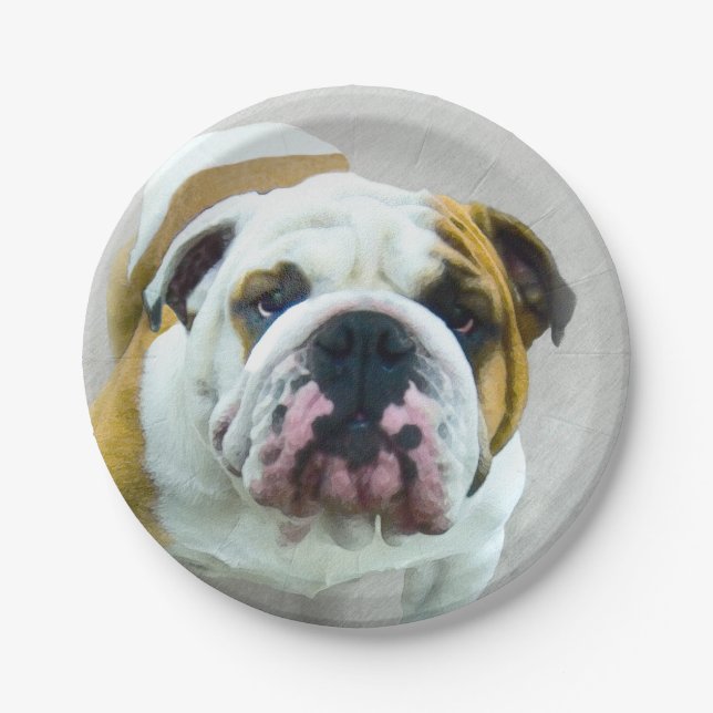 Bulldog Painting - Cute Original Dog Art Paper Plate (Front)