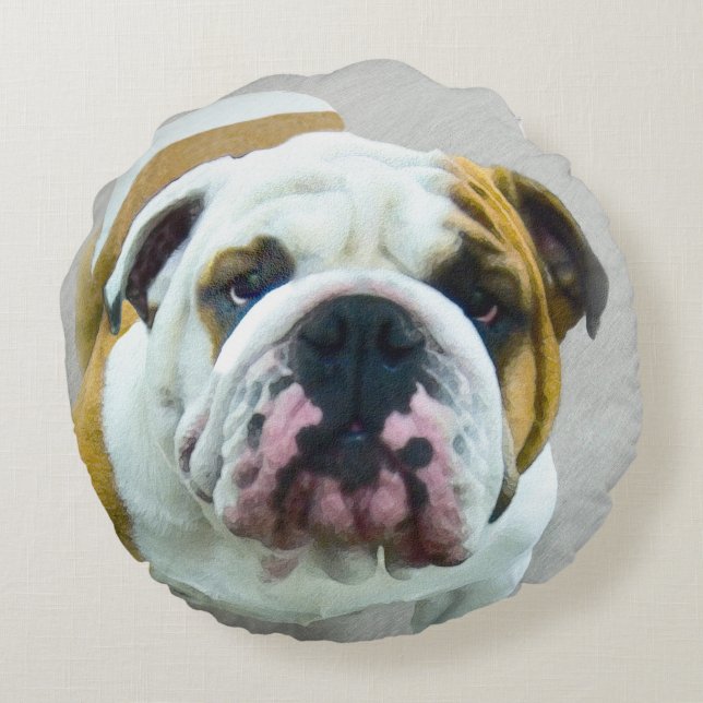 Bulldog Painting - Cute Original Dog Art Round Pillow (Back)