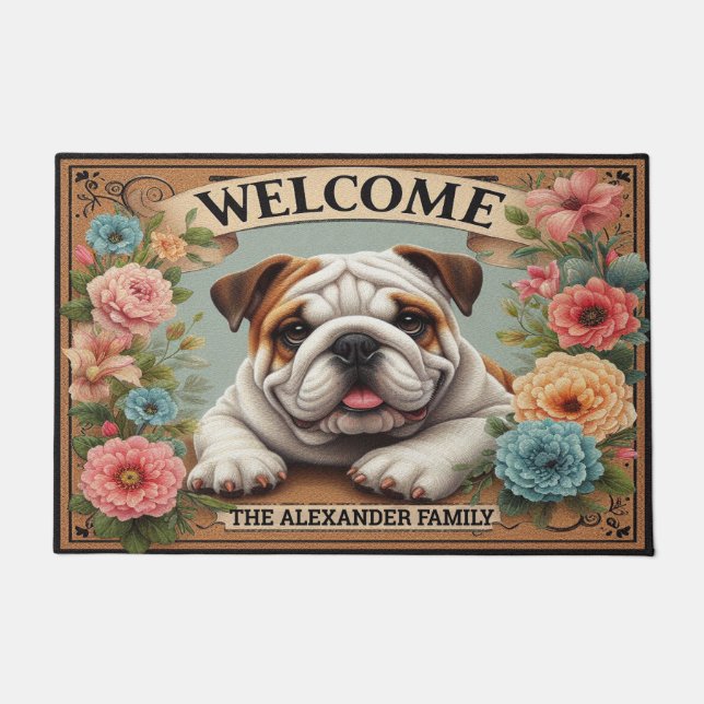 Bulldog Paradise, Personalized Name Welcome Dog Doormat (Front)