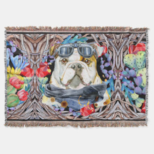 Bulldog pet pilot masterpiece cactus succulents throw blanket
