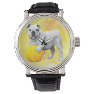 Bulldog Playing with Ball Watercolor Art Painting Watch