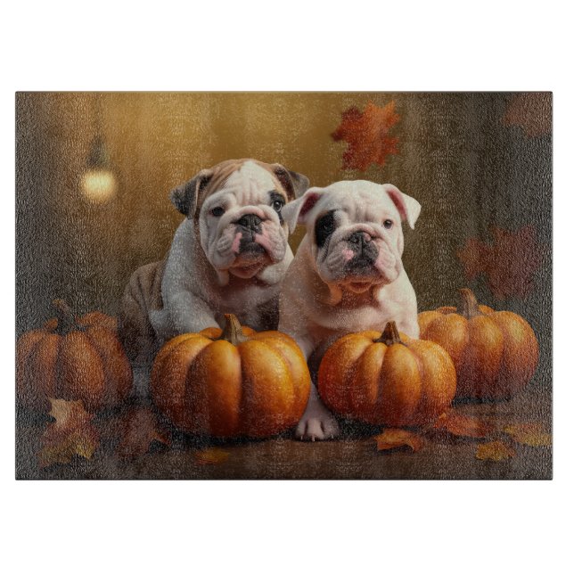 Bulldog Puppy Autumn Delight Pumpkin  Cutting Board (Front)
