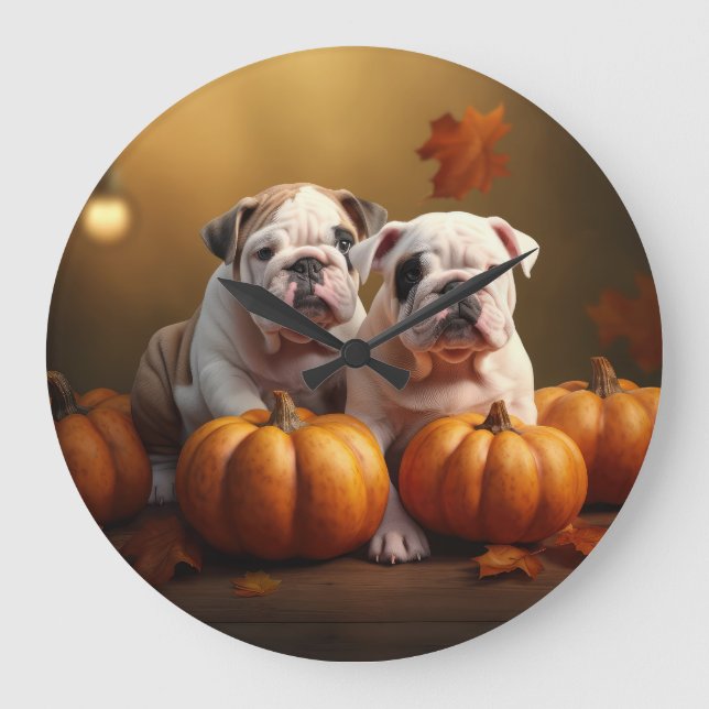 Bulldog Puppy Autumn Delight Pumpkin  Large Clock (Front)