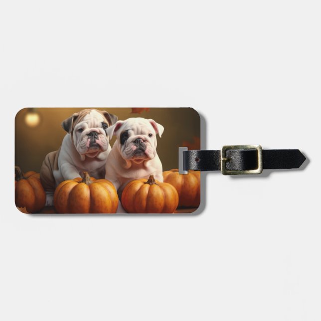 Bulldog Puppy Autumn Delight Pumpkin  Luggage Tag (Front Horizontal)