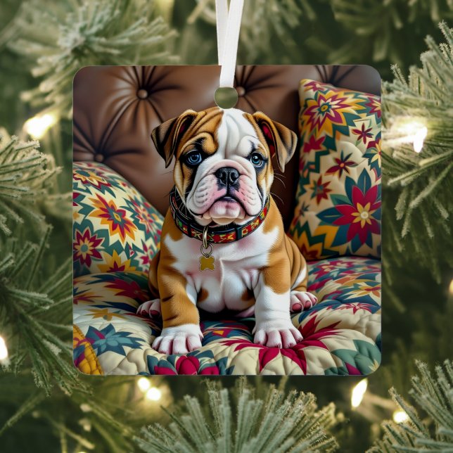 Bulldog Puppy Dog Personalized Christmas Metal Ornament (Insitu)