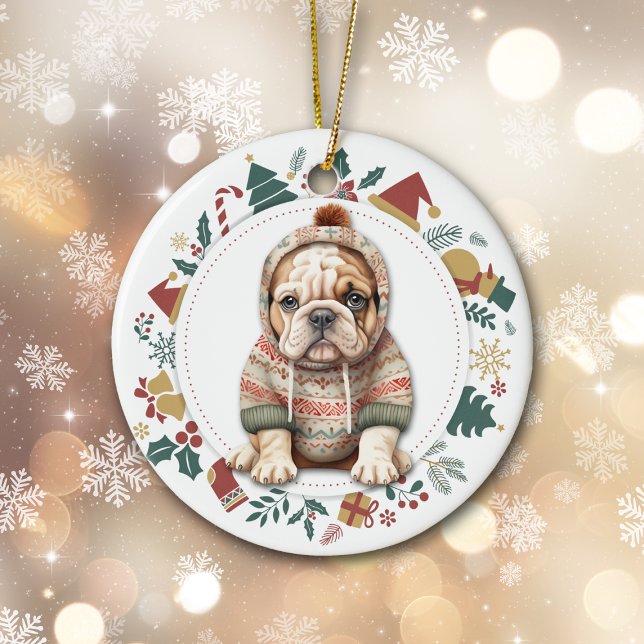 Bulldog Puppy in Winter Sweater Christmas Ceramic Ornament (Creator Uploaded)