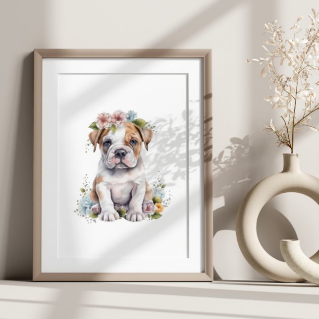 Bulldog Puppy Pet Watercolor Flower Poster (Creator Uploaded)