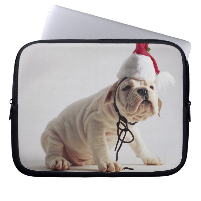 Bulldog Puppy Wearing Santa Hat Laptop Sleeve (Front)