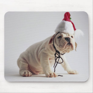 Bulldog Puppy Wearing Santa Hat Mouse Pad