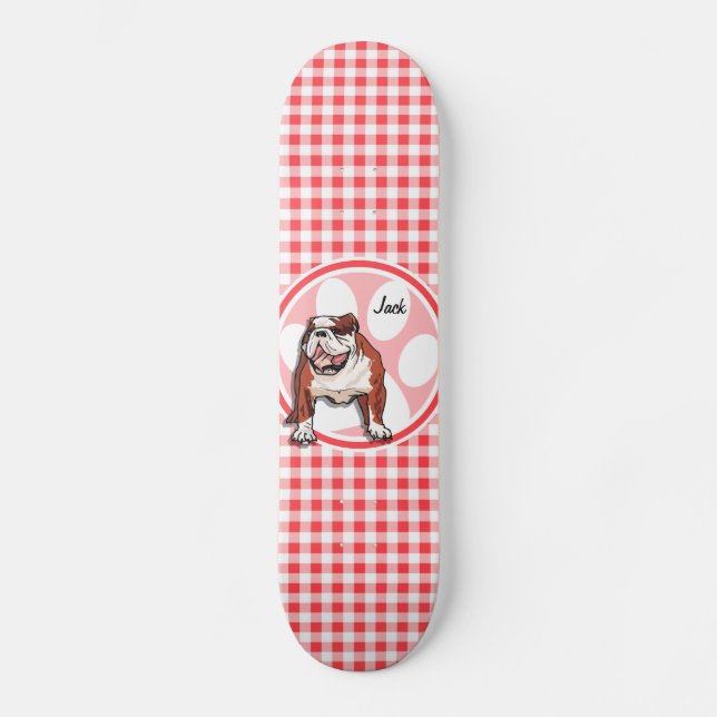 Bulldog; Red and White Gingham Skateboard (Front)