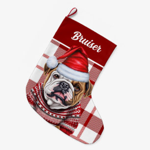 Bulldog Red and White Plaid Personalized Large Christmas Stocking