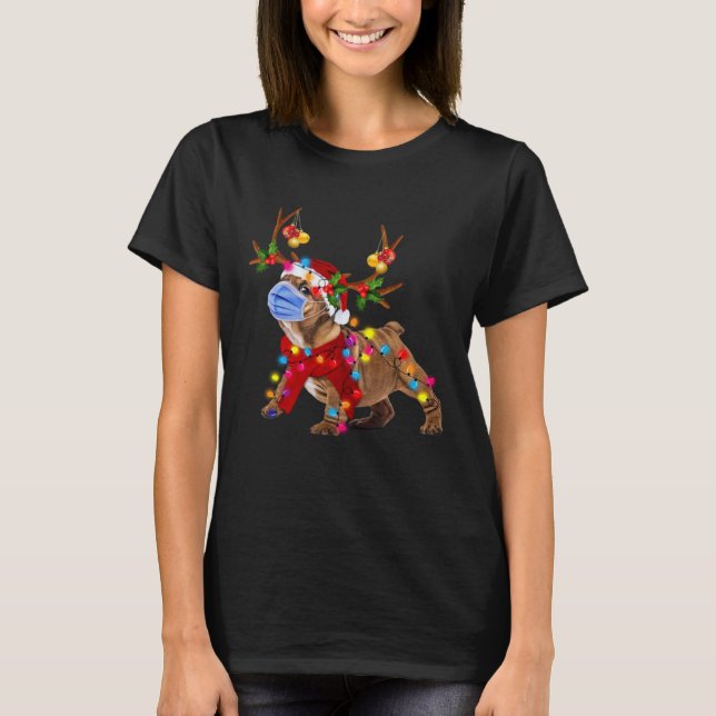 Bulldog Reindeer With Face Mask Christmas Light T-Shirt (Front)