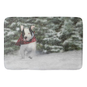 Bulldog Rescue Pup Dashing through the Snow Bath Mat