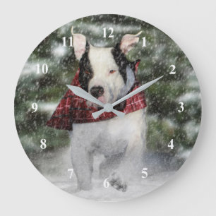 Bulldog Rescue Pup Dashing through the Snow Large Clock