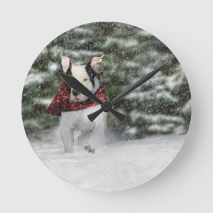 Bulldog Rescue Pup Dashing through the Snow Round Clock