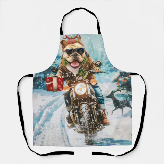 Bulldog Riding Motorcycle Christmas Apron (Front)