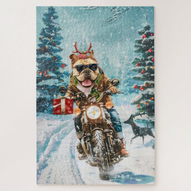 Bulldog Riding Motorcycle Christmas Jigsaw Puzzle (Vertical)