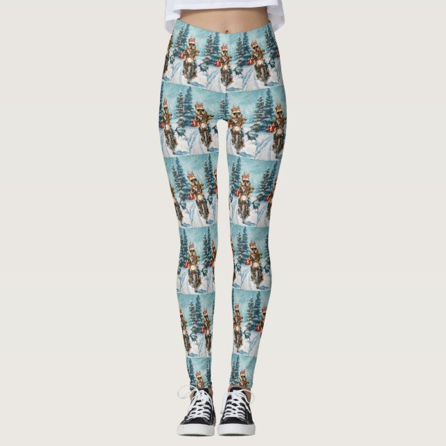 Bulldog Riding Motorcycle Christmas Leggings (Front)
