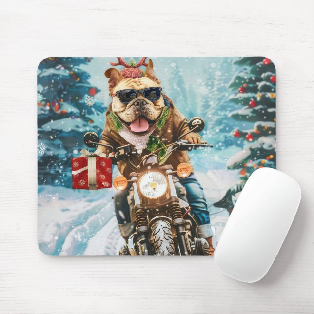 Bulldog Riding Motorcycle Christmas Mouse Pad (With Mouse)