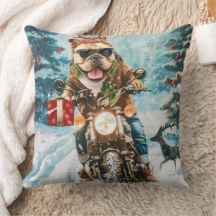 Bulldog Riding Motorcycle Christmas Throw Pillow