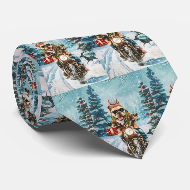 Bulldog Riding Motorcycle Christmas Tie (Rolled)
