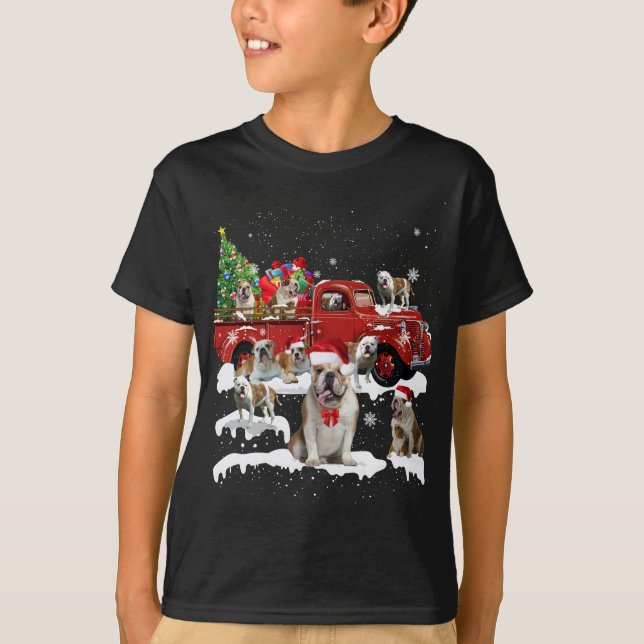 Bulldog Riding Red Truck Merry Christmas X-mas Ugl T-Shirt (Front)