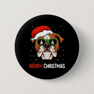 Bulldog Santa Hat Christmas Pajama Dog X-mas Tree  2 Inch Round Button