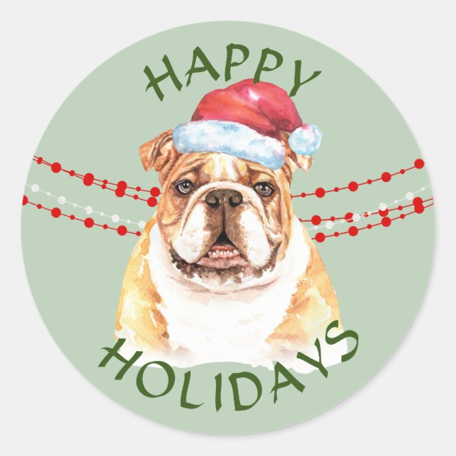 Bulldog Santa Hat Happy Holidays Classic Round Sticker (Front)