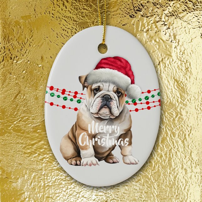 Bulldog Santa Hat Holiday Beads Ceramic Ornament (Creator Uploaded)