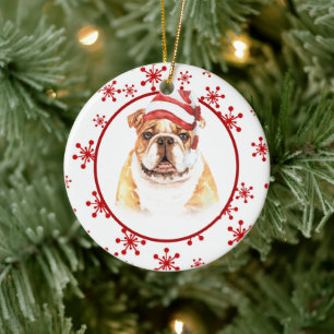 Bulldog Santa Hat Red Snowflake Christmas Ceramic Ornament