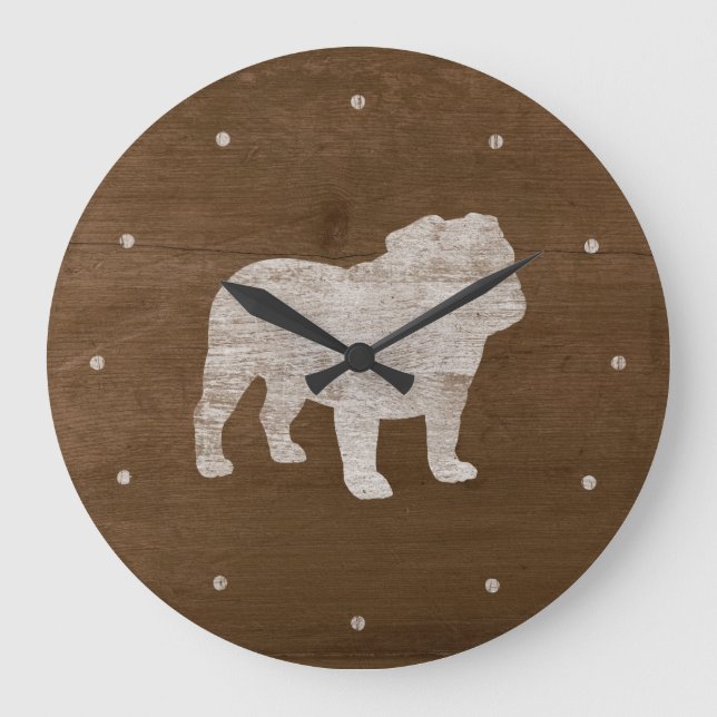 Bulldog Silhouette | Faux Weathered Wood Dog Breed Large Clock (Front)