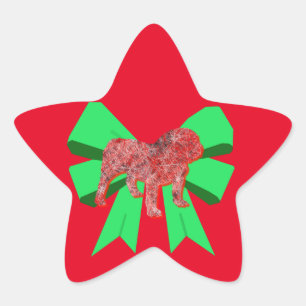Bulldog Silhouette Red Dog & Green Bow Christmas Star Sticker