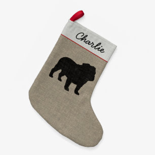 Bulldog Silhouette with Text   Faux Burlap Small Christmas Stocking