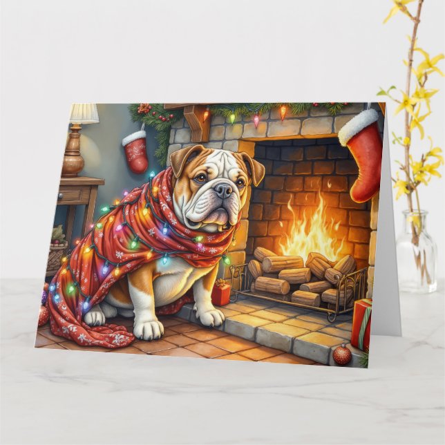 Bulldog Sitting by Fireplace with Christmas Lights Card (Yellow Flower)