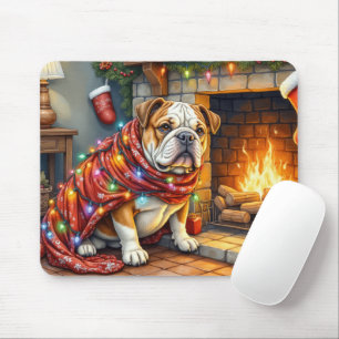 Bulldog Sitting by Fireplace with Christmas Lights Mouse Pad