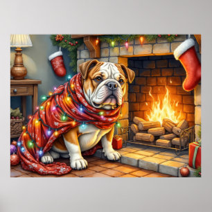 Bulldog Sitting by Fireplace with Christmas Lights Poster