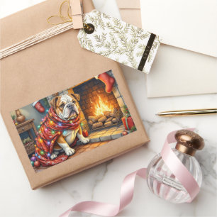 Bulldog Sitting by Fireplace with Christmas Lights Sticker