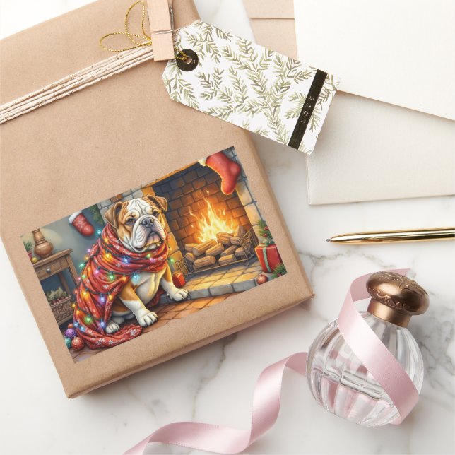 Bulldog Sitting by Fireplace with Christmas Lights Sticker (Gifting)