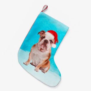 Bulldog Sitting in snow with Christmas Santa Hat Small Christmas Stocking