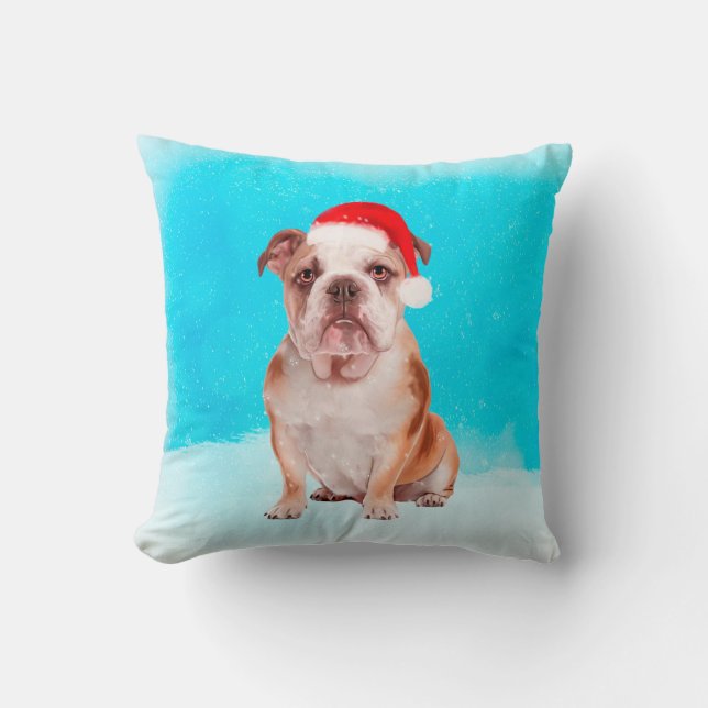 Bulldog Sitting in snow with Christmas Santa Hat Throw Pillow (Front)