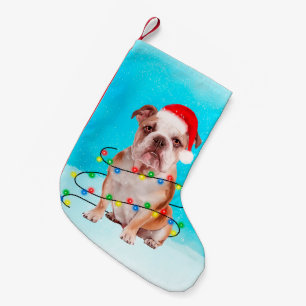 Bulldog Sitting in snow with Lights Christmas Hat Small Christmas Stocking