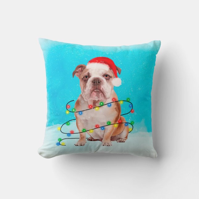 Bulldog Sitting in snow with Lights Christmas Hat Throw Pillow (Front)
