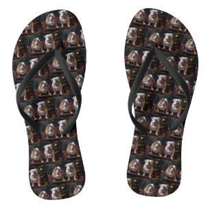 Bulldog Snowy Sleigh Christmas Decor Flip Flops