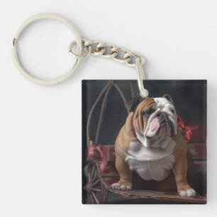 Bulldog Snowy Sleigh Christmas Decor Keychain