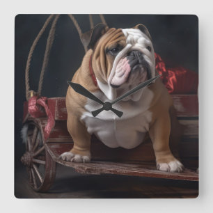 Bulldog Snowy Sleigh Christmas Decor Square Wall Clock