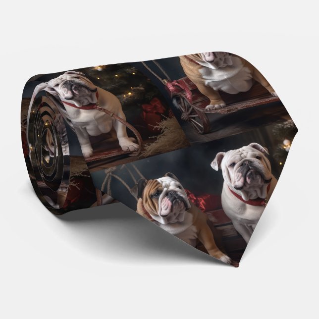 Bulldog Snowy Sleigh Christmas Decor Tie (Rolled)