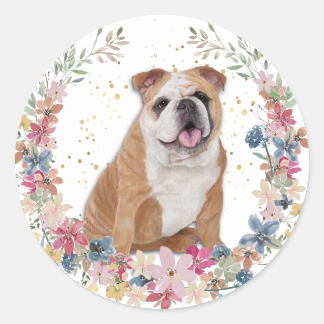 Bulldog Spring Flowers Wreath Classic Round Sticker (Front)