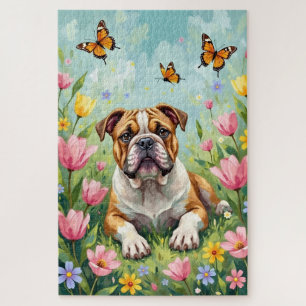 Bulldog Spring Garden Cute Floral Dog Jigsaw Puzzle