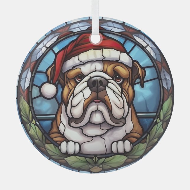 Bulldog Stained Glass Christmas  Glass Ornament (Front)